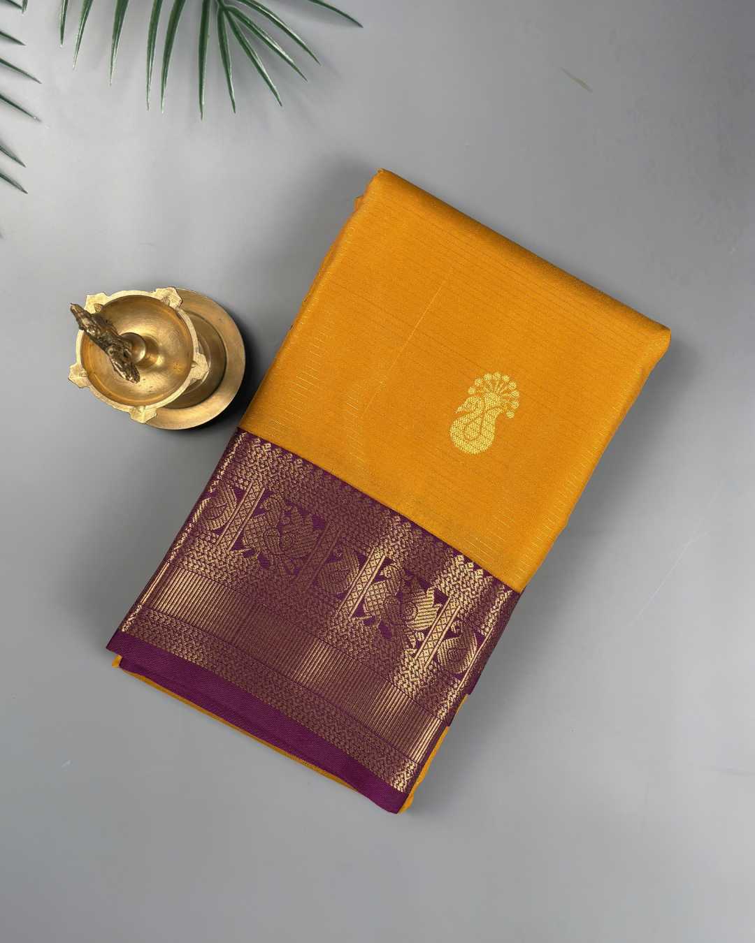 Marigold yellow Soft Semi Silk Kanjivaram with Korvai Purple Zari Border Saree