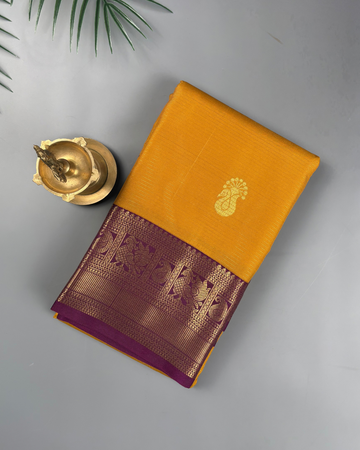 Marigold yellow Soft Semi Silk Kanjivaram with Korvai Purple Zari Border Saree
