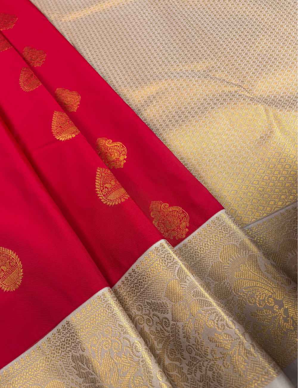 Vivid Crimson Red Kanjivaram Semi Silk Saree with Light Grey Brocade Zari Border