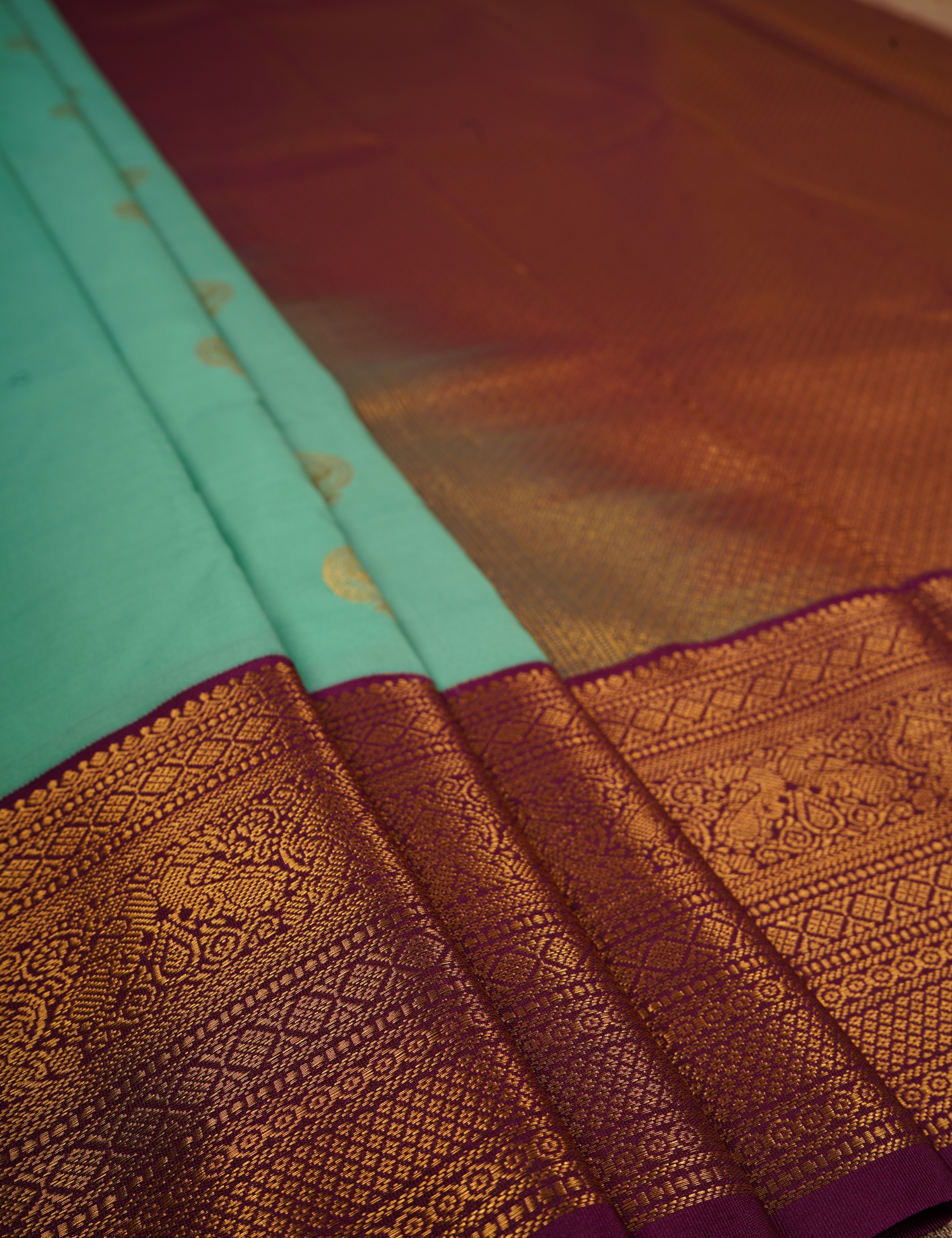 Aqua Green Soft Semi Silk Kanjivaram Saree with Magenta Zari Border