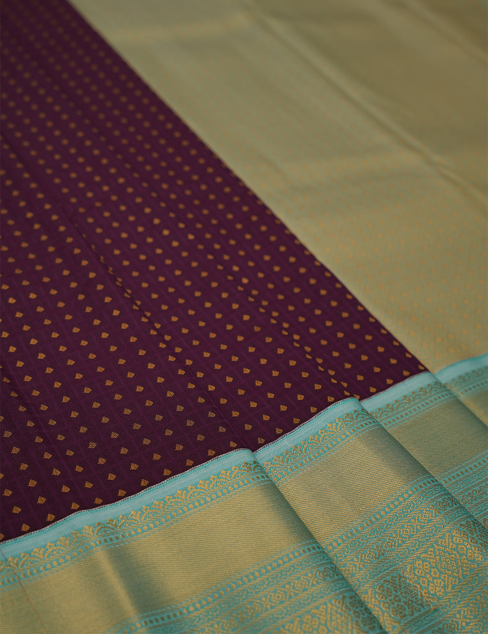 Deep Purple Soft Semi Silk Kanjivaram Saree with Pastel Blue Korvai Zari Border