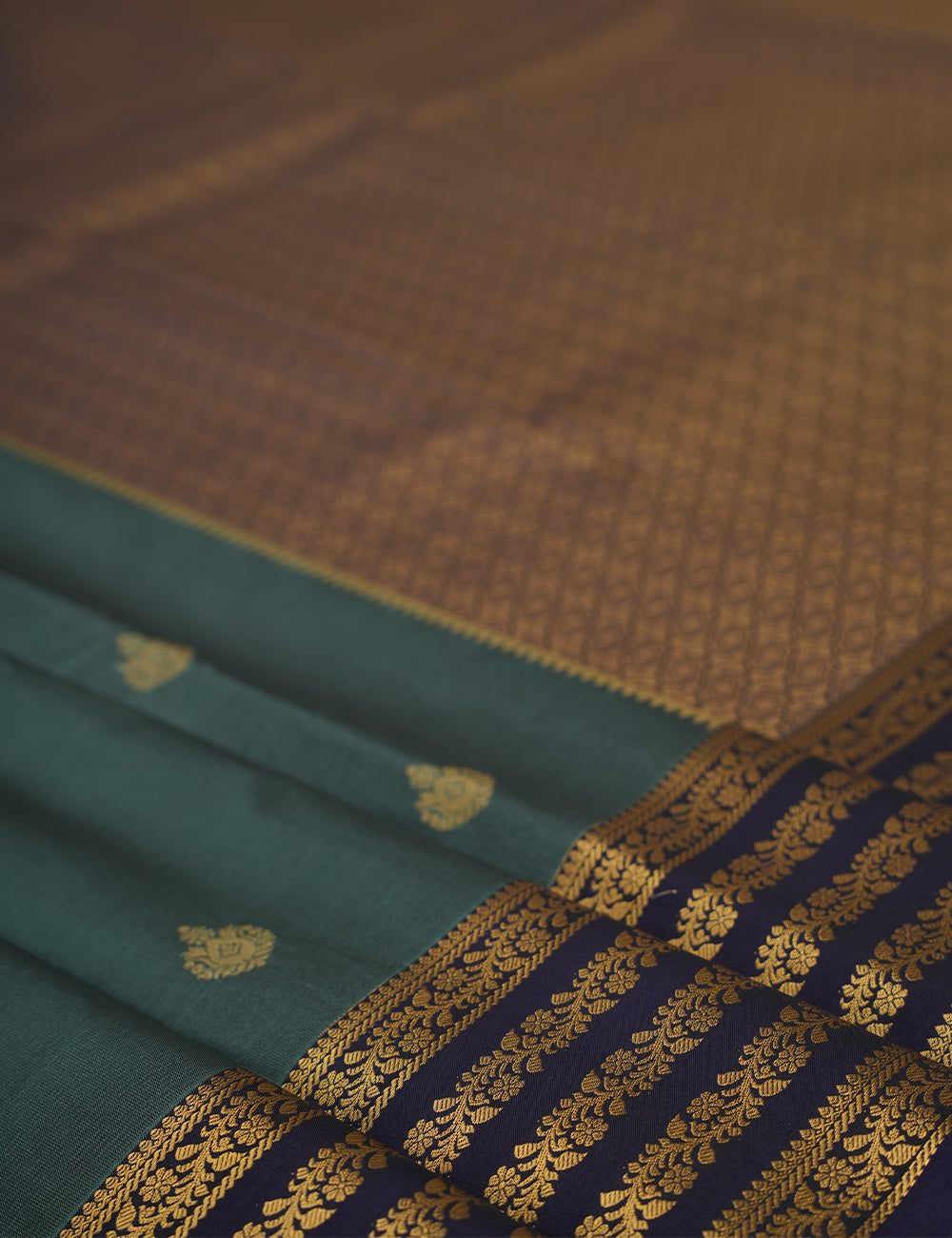 Forest Green Soft Semi Silk Kanjivaram Saree with Dark Plum Zari Border