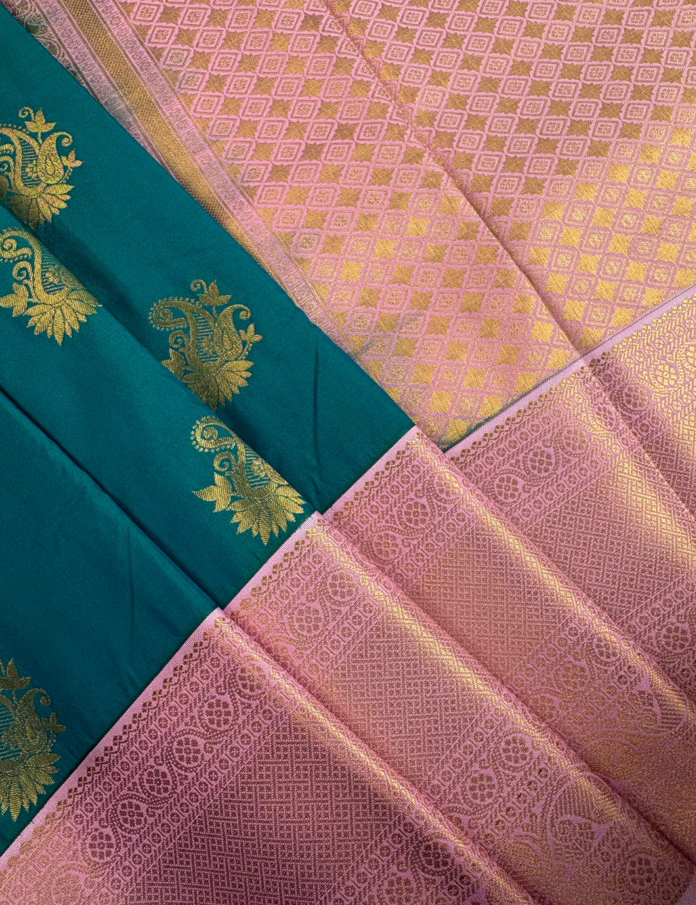 Teal Green Soft Semi Silk Kanjivaram Saree with Elegant Rose Korvai Zari Border