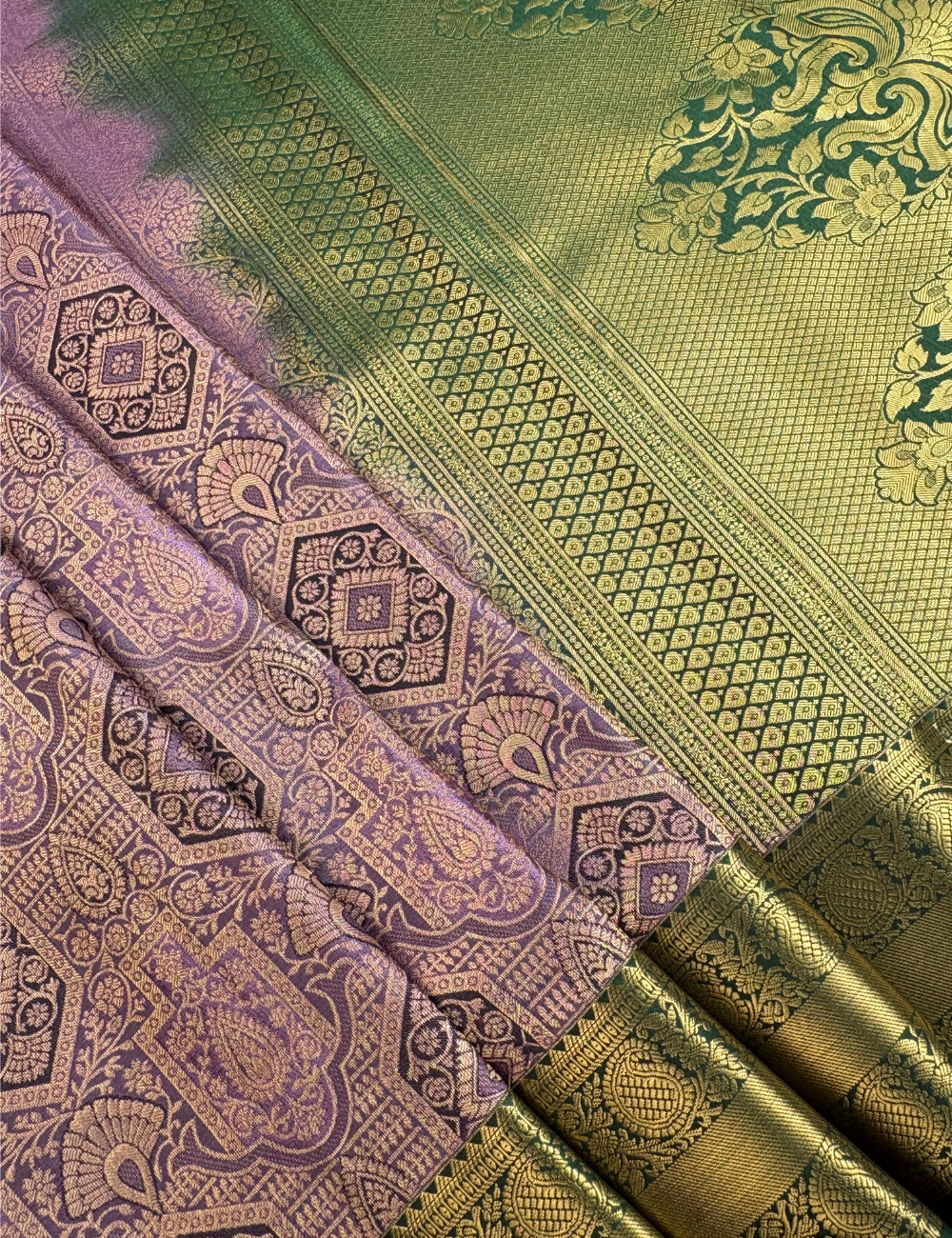 Lavender Purple Brocade Kanjivaram Semi Silk Saree with Antique Gold Zari Green Border