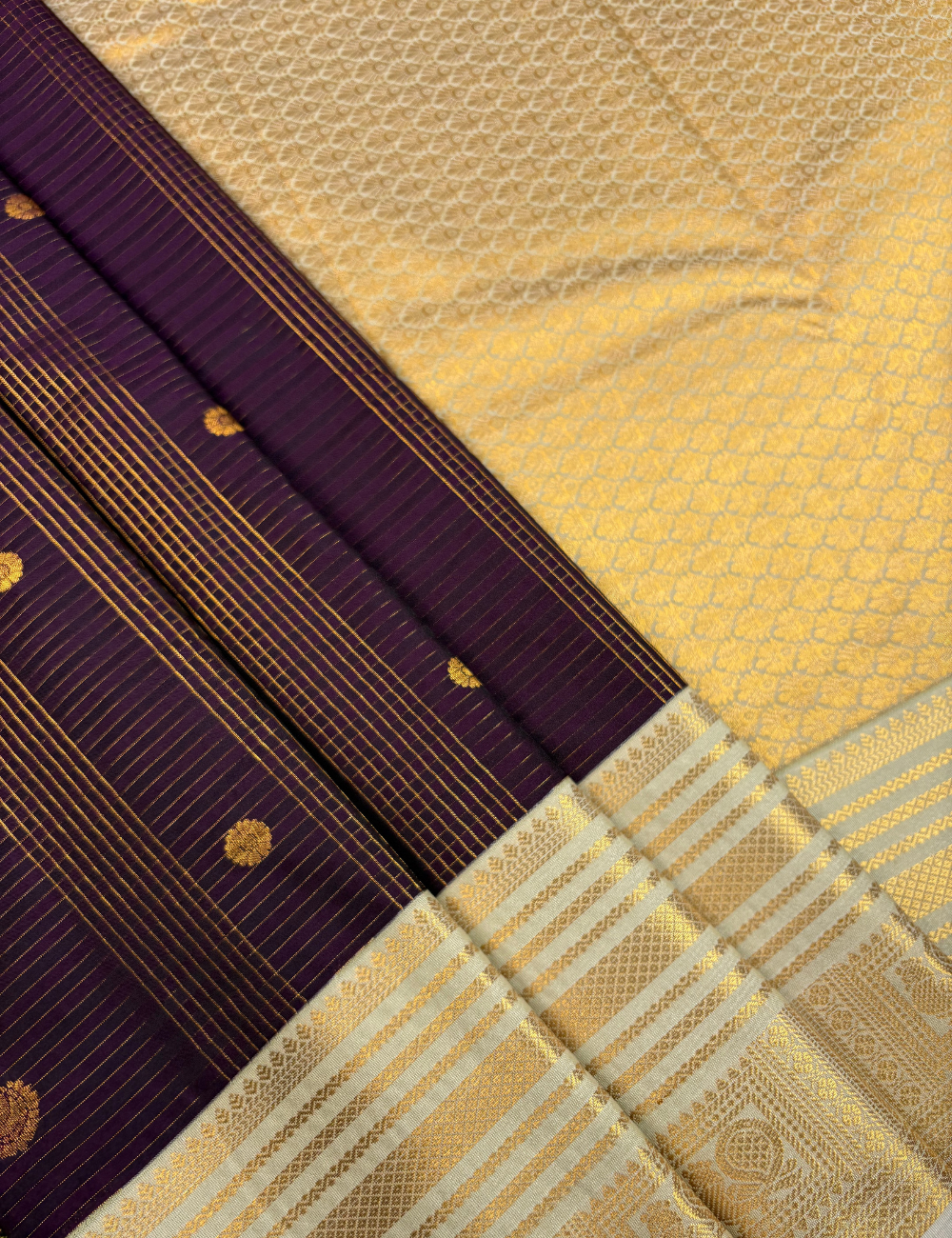 Dark Purple Soft Semi Silk Kanjivaram Saree with Cream Korvai Border