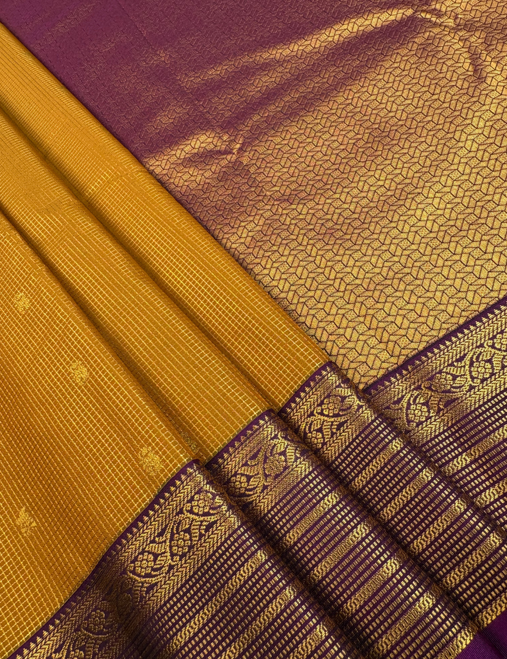 Mustard Brown Soft Semi Silk Kanjivaram Saree with Magenta Korvai Border