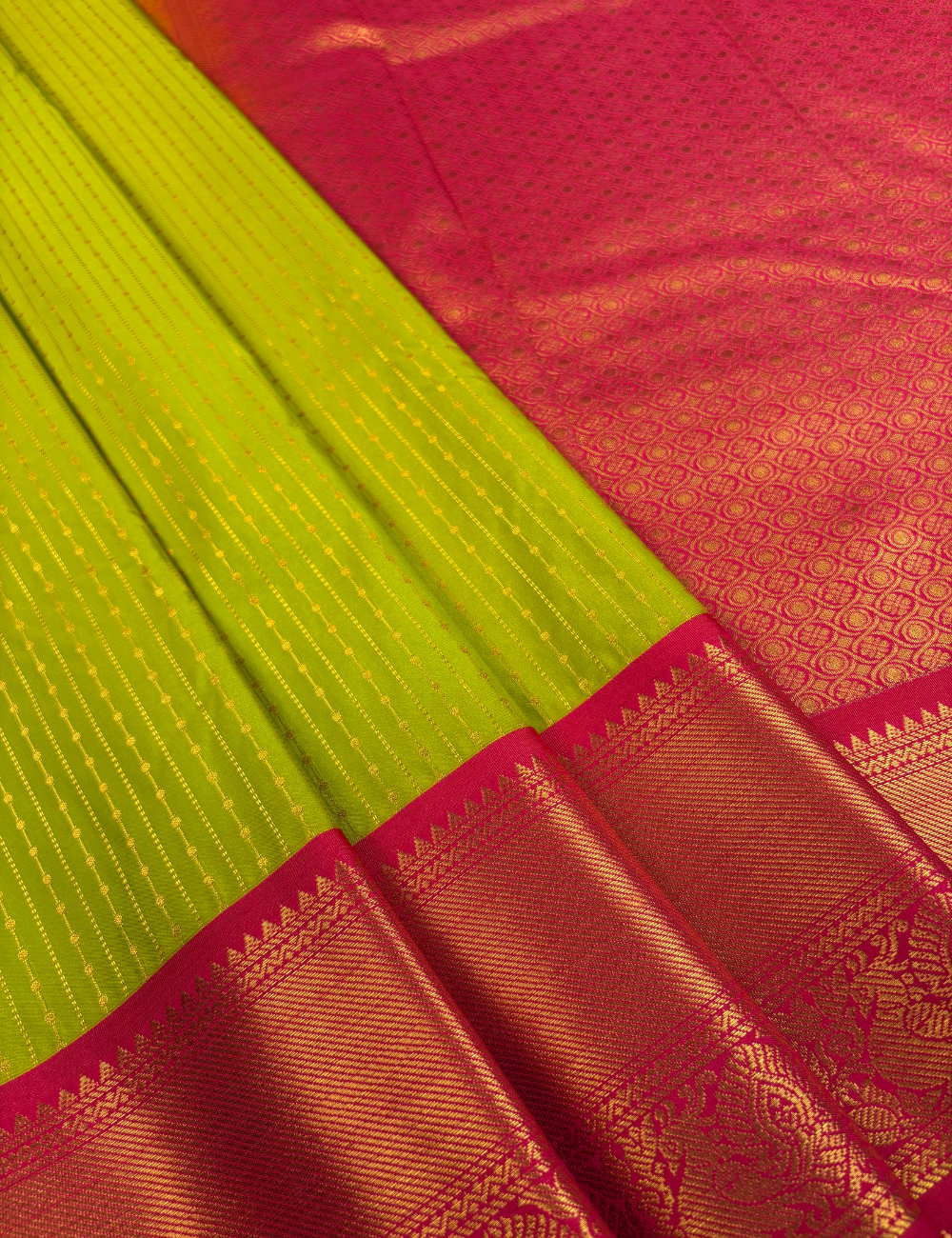 Parrot Green Soft Semi Silk Kanjivaram Saree with Pink Korvai Border
