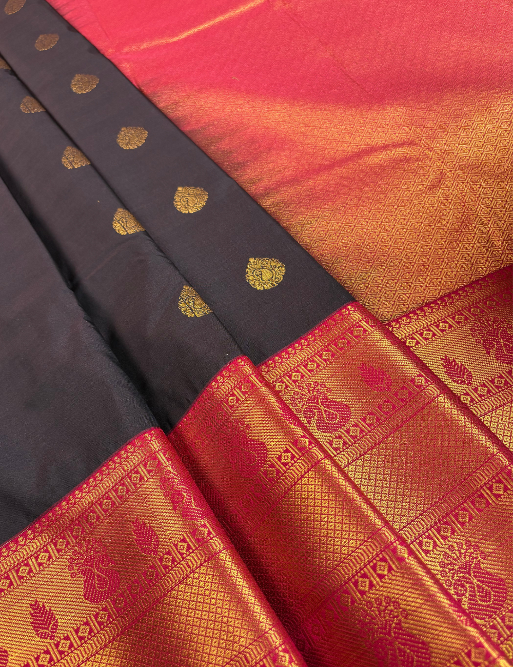 Black Soft Semi Silk Kanjivaram Saree with Red Korvai Gold Zari Border