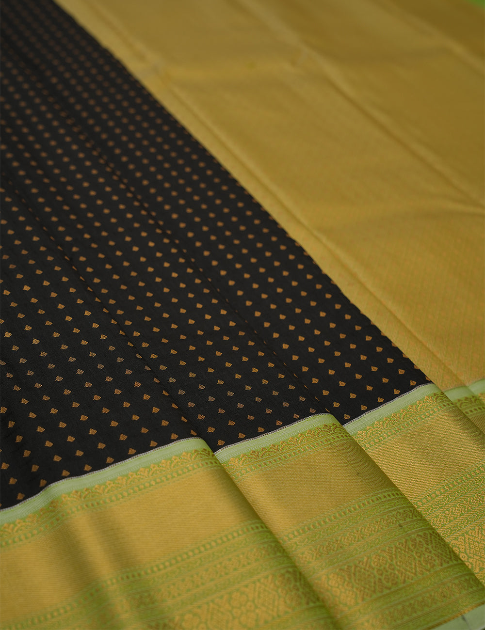 Black Soft Semi Silk Kanjivaram Saree with Pastel Green Korvai Zari Border