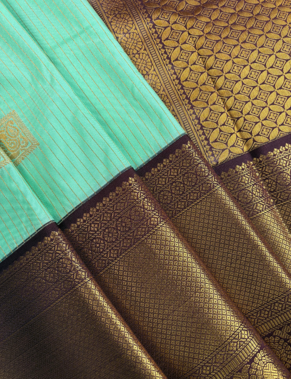 Pastel Mint Green Soft Kanjivaram Semi Silk Saree with Brown Zari Border