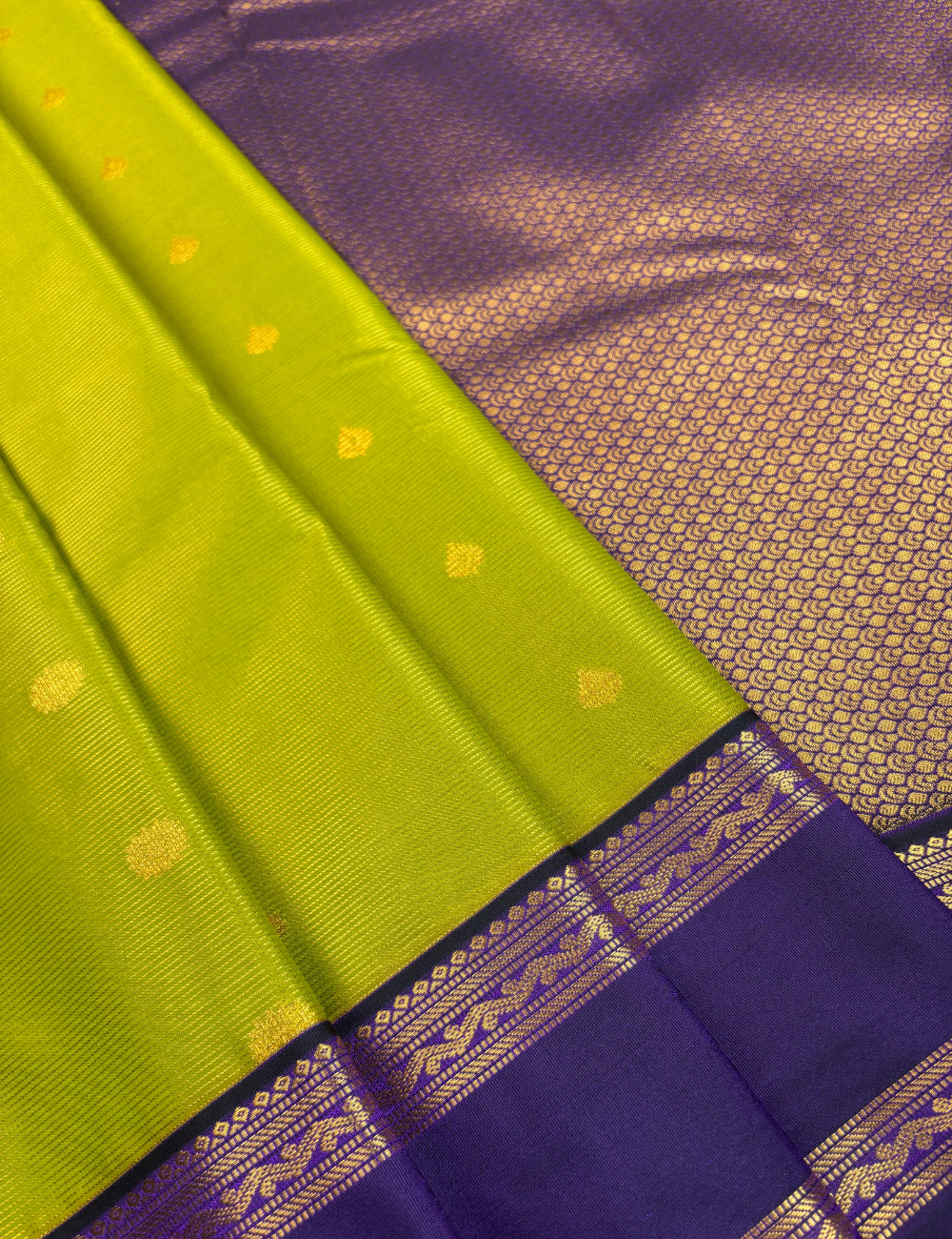 Parrot Green Soft Semi Silk Kanjivaram Saree with Violet Border
