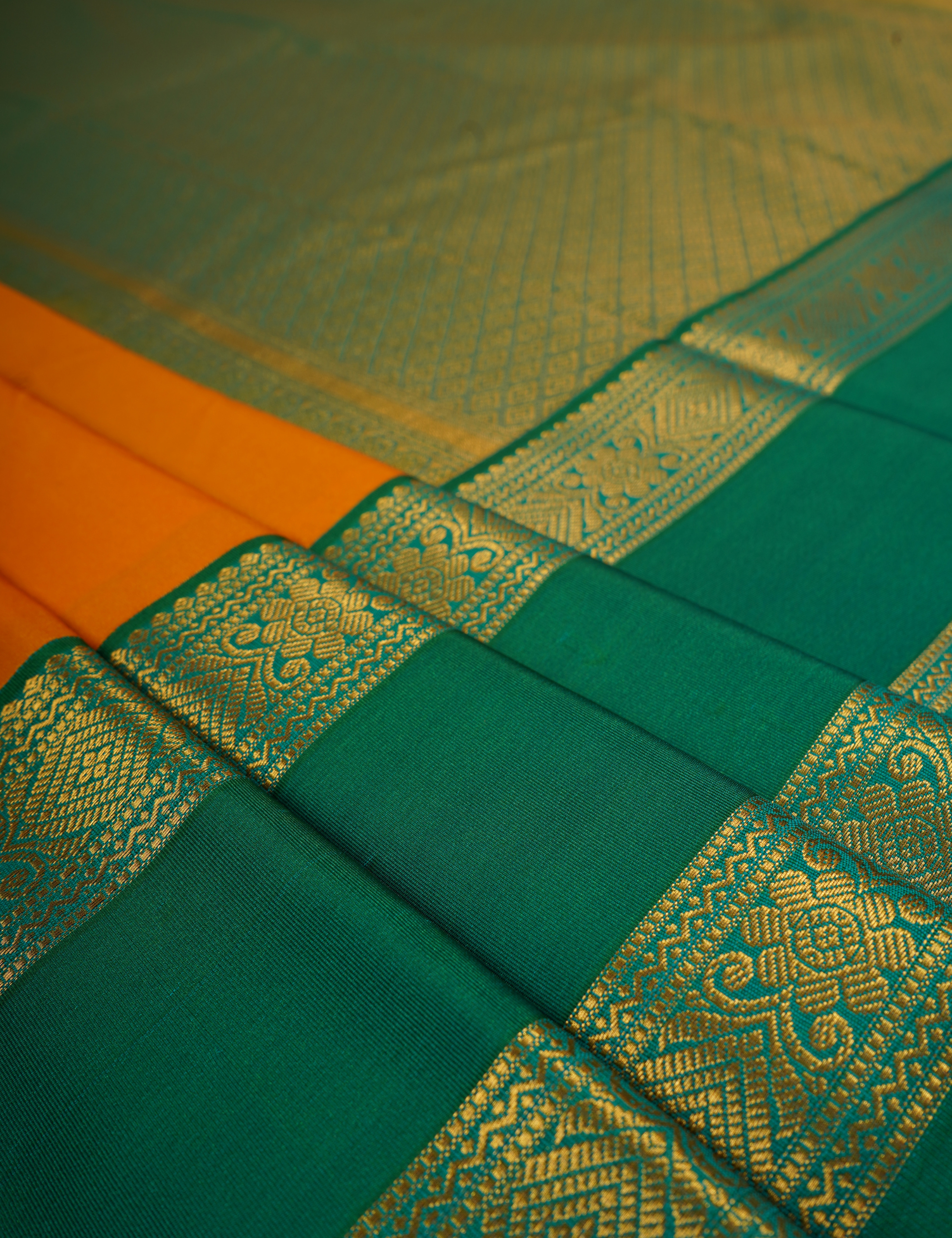 Vibrant Yellow Soft Semi Silk Kanjivaram Saree with Peacock Green Zari Border