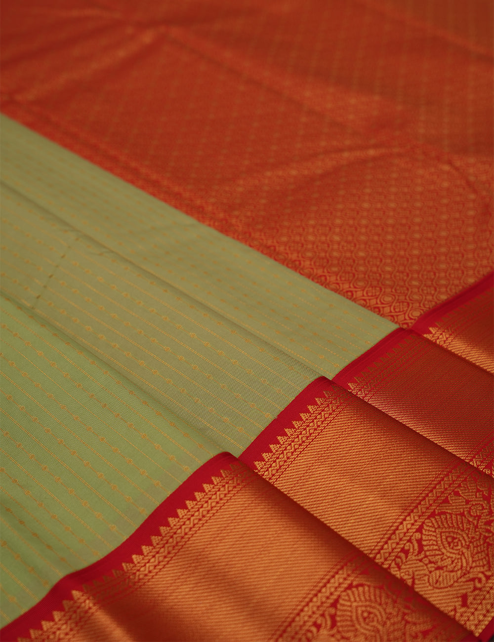 Cardamom Green Soft Semi Silk Kanjivaram Saree with Rich Red Korvai Zari Border