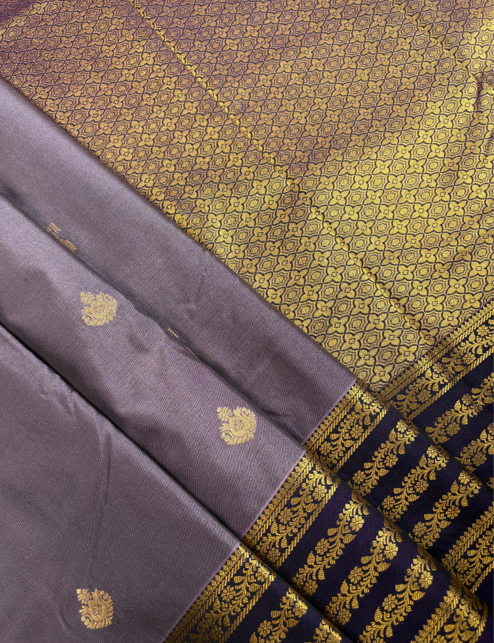 Muted Purple Soft Semi Silk Kanjivaram Saree with Dark Navy Zari Border
