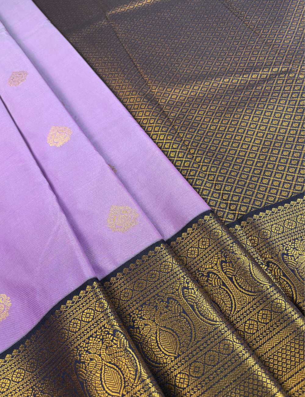 Lavender Soft Kanjivaram Semi Silk Saree with Deep Navy Korvai Zari Border