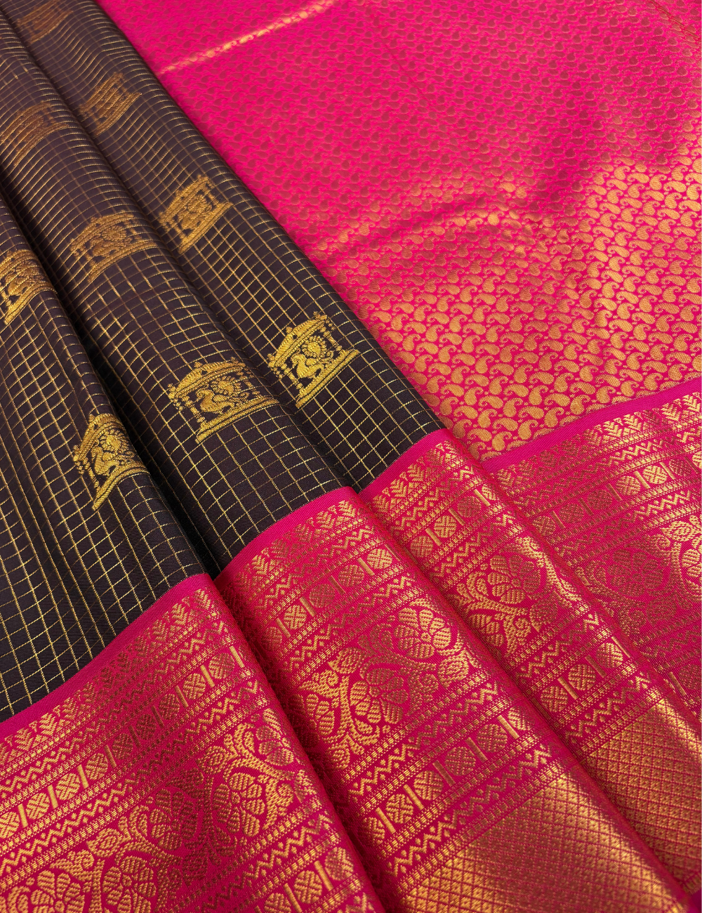 Black soft Kanjivaram Semi Silk Saree with Pink Rose Border