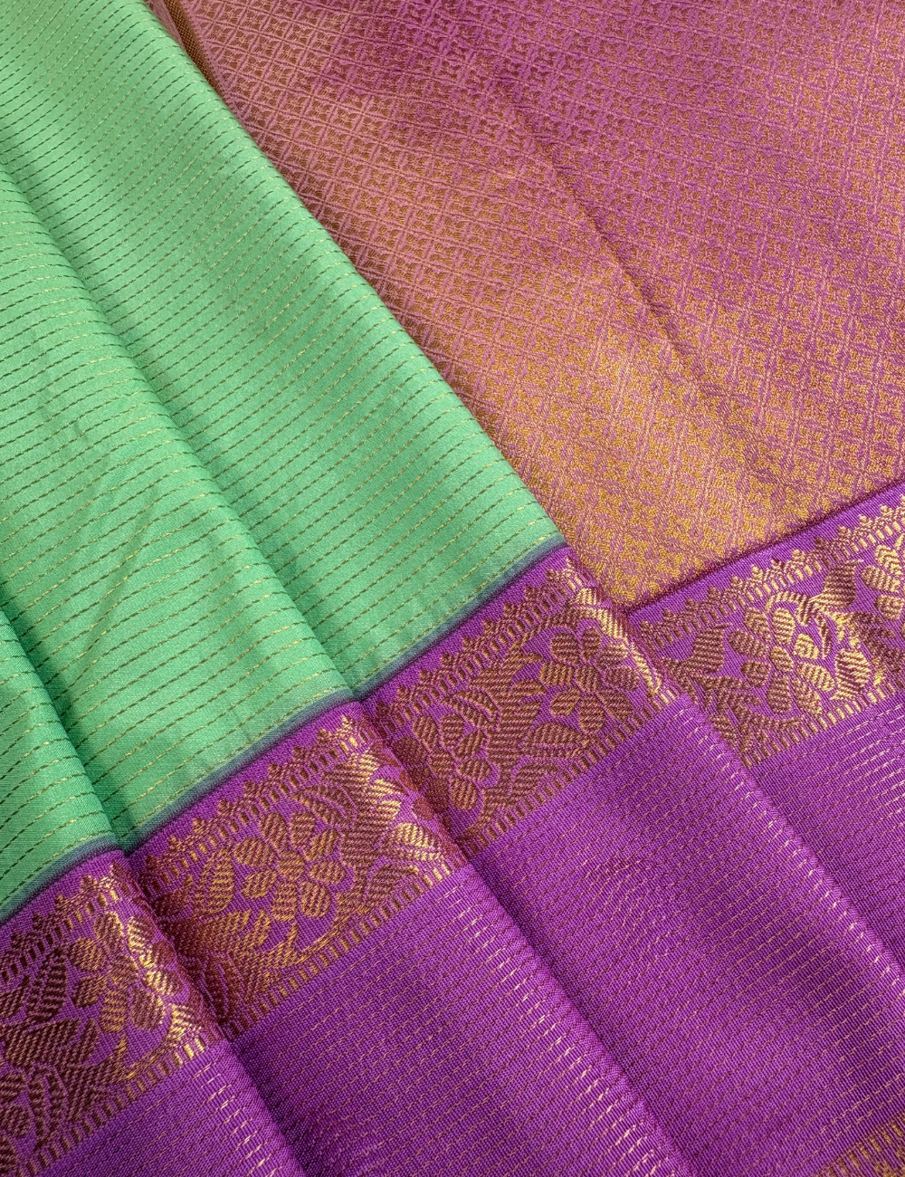 Sea Green Soft Semi Silk Kanjivaram Saree with Lavender Korvai Zari Border