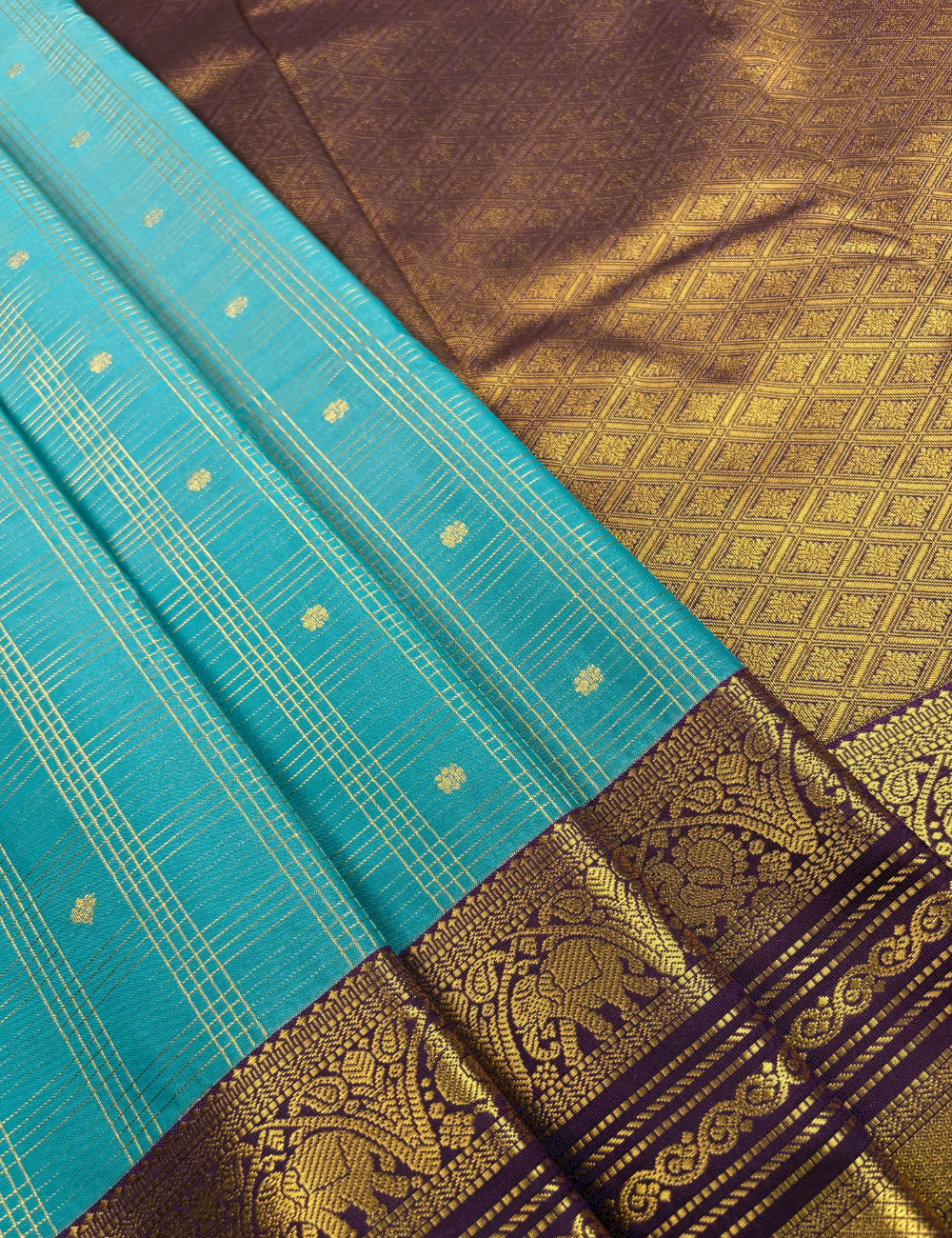 Teal Blue Soft  Kanjivaram Semi Silk Saree with Zari Check Purplish Brown Elephant Motif Border