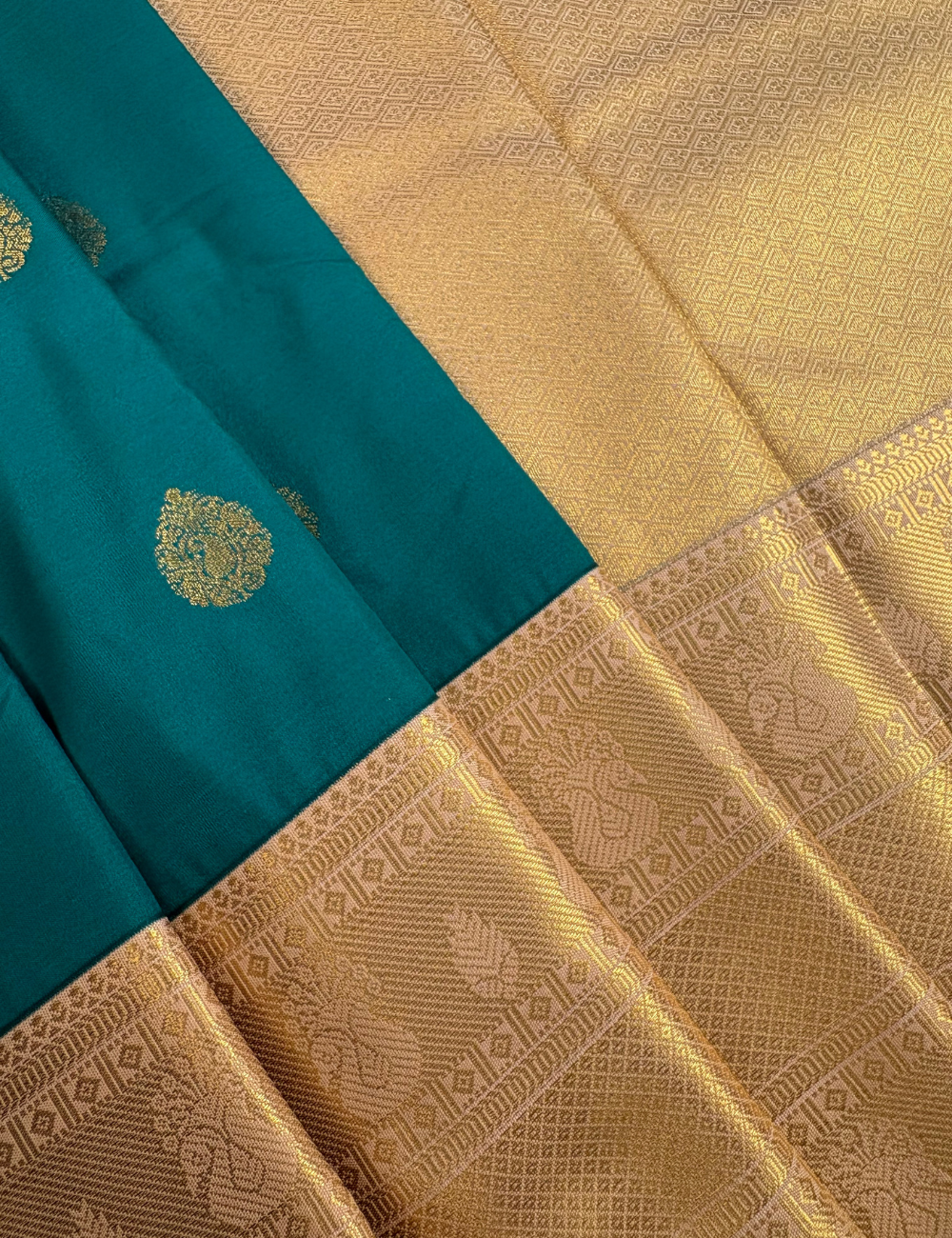Emerald Green Soft Semi Silk Kanchipuram Saree with Rich Gold Zari Korvai Border