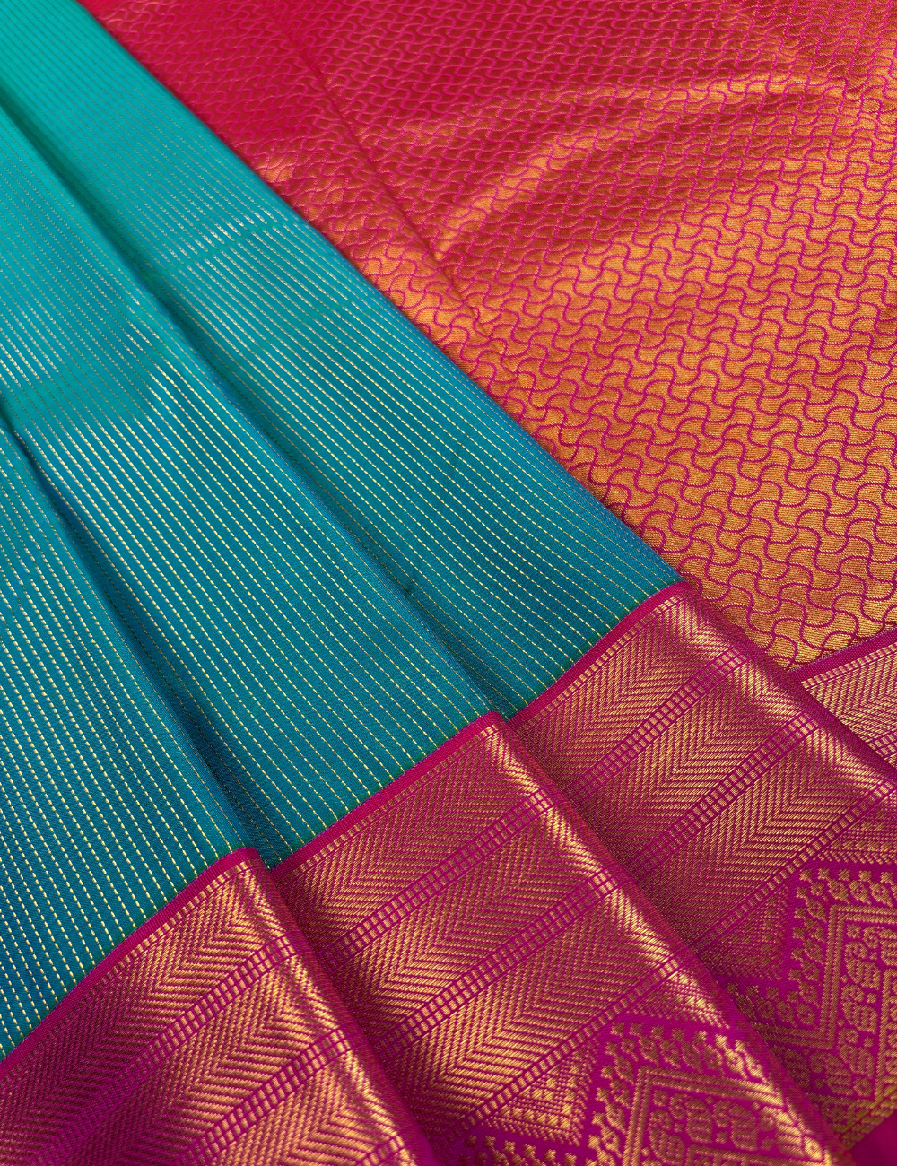 Teal Blue Soft Semi Silk Kanjivaram  Saree with Pink Gold Zari Border