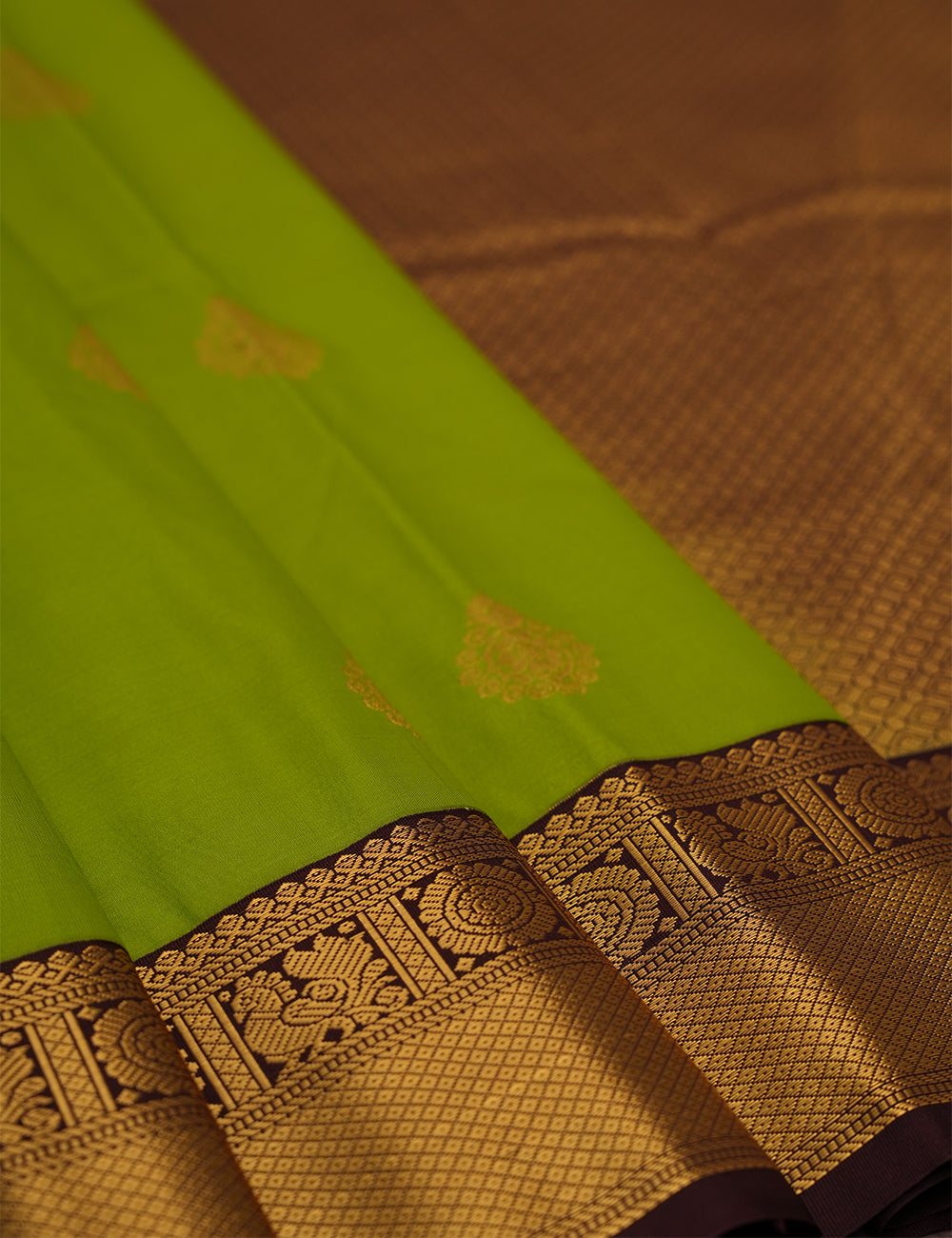 Parrot Green Soft Semi Silk Kanjivaram with Deep brown Border
