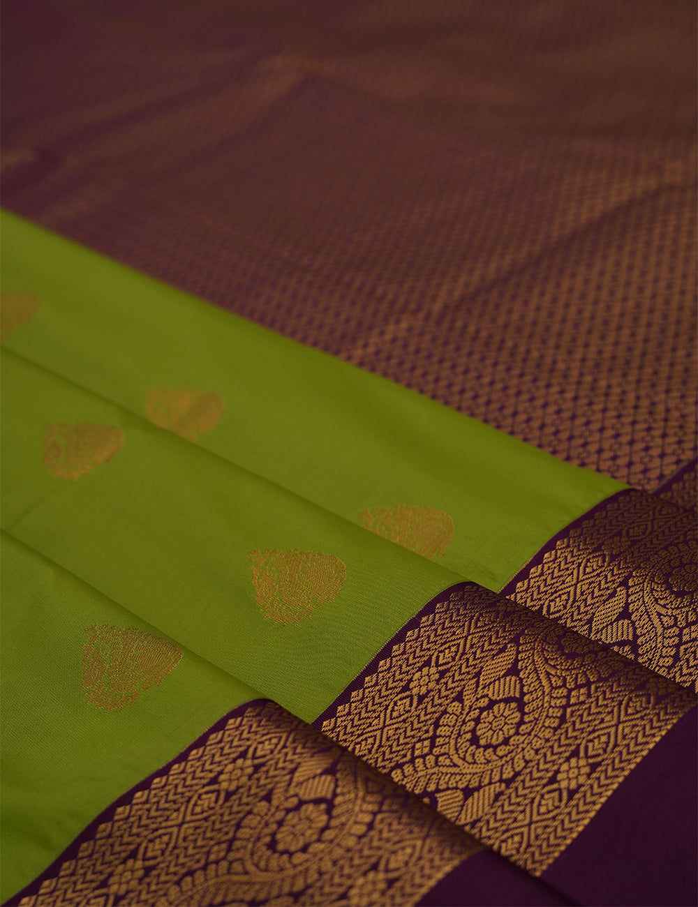 Leaf Green Soft Semi Silk Kanjivaram Saree with Rich Purple Korvai Zari Border