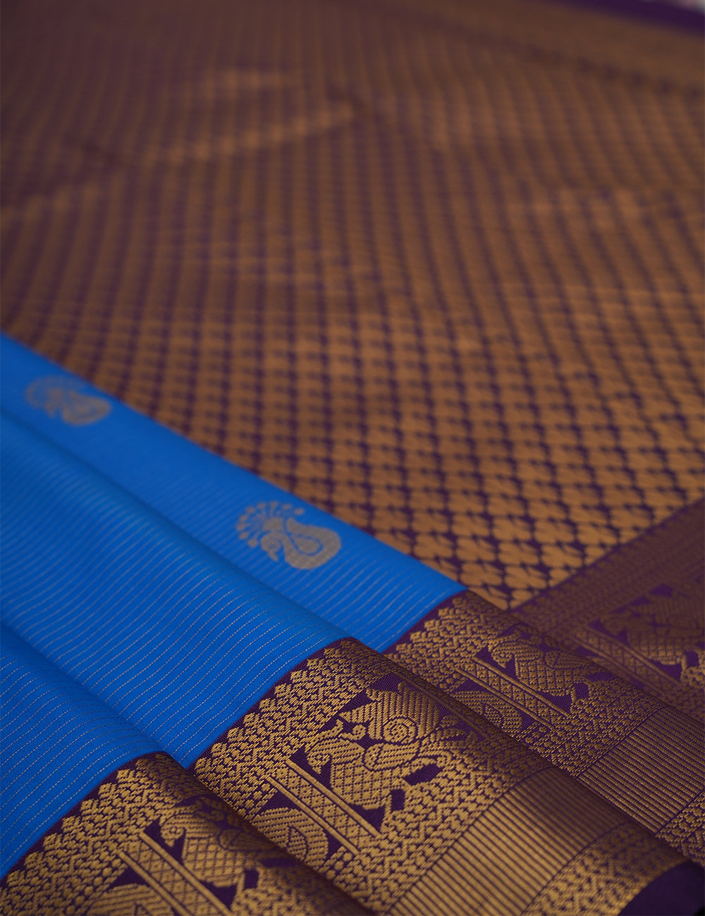 Royal Blue Soft Semi Silk Kanjivaram Saree with Plum Blue Korvai Zari Border