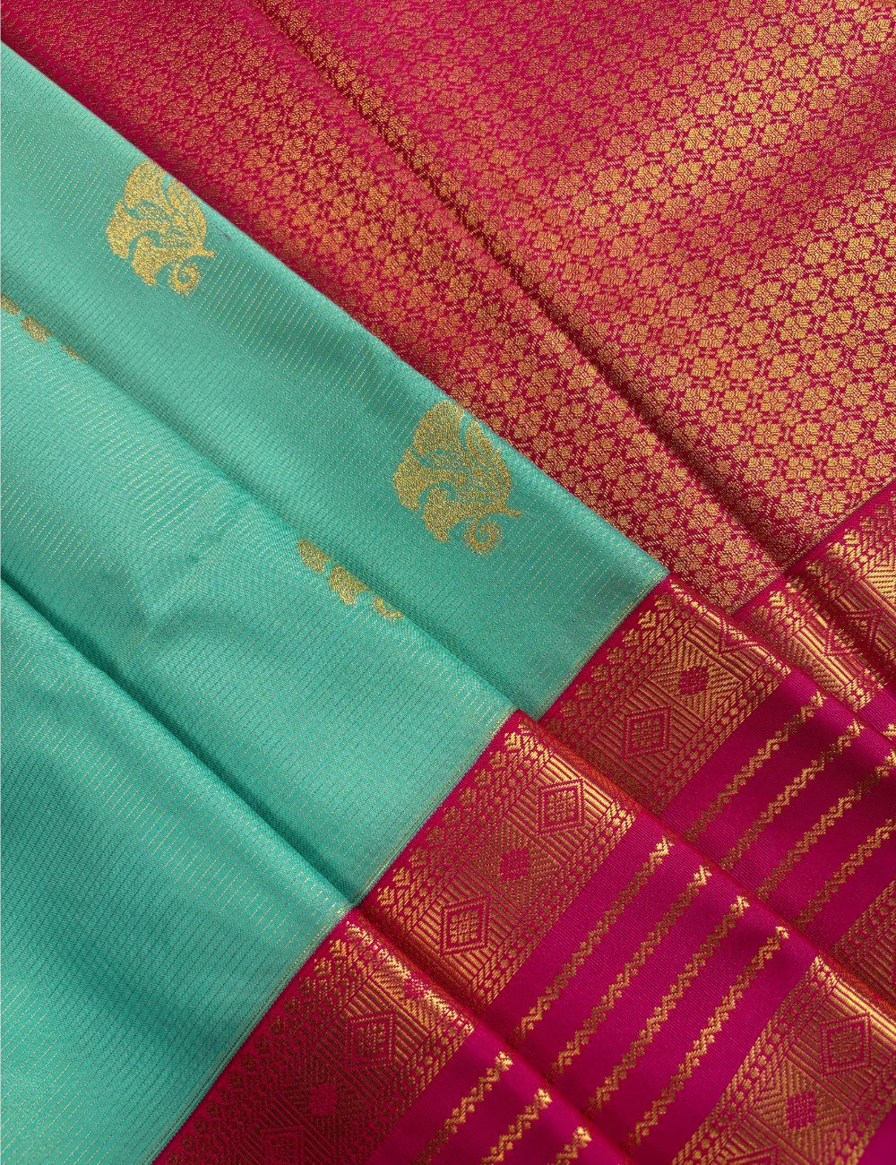 Sea Blue Soft Semi Silk Kanjivaram Saree with Rani Rose Korvai Gold Zari Border