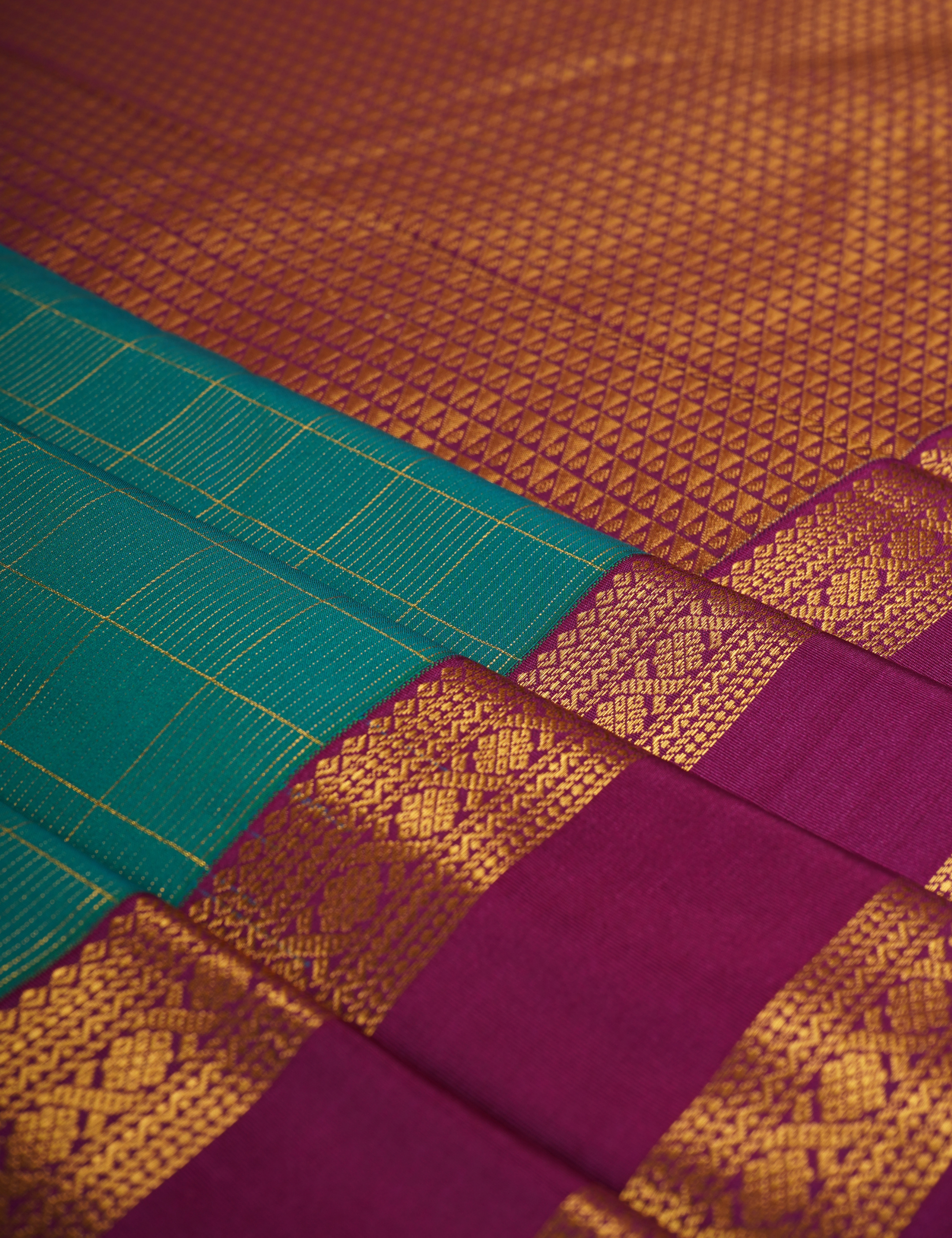 Peacock Green Soft Semi Silk Kanjivaram Saree with Magenta Korvai Zari Border