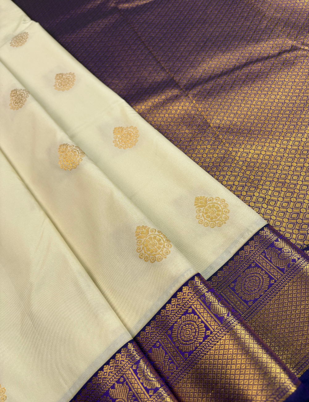 Cream Soft Semi Silk Kanjivaram Saree with Royal Violet Korvai Zari Border
