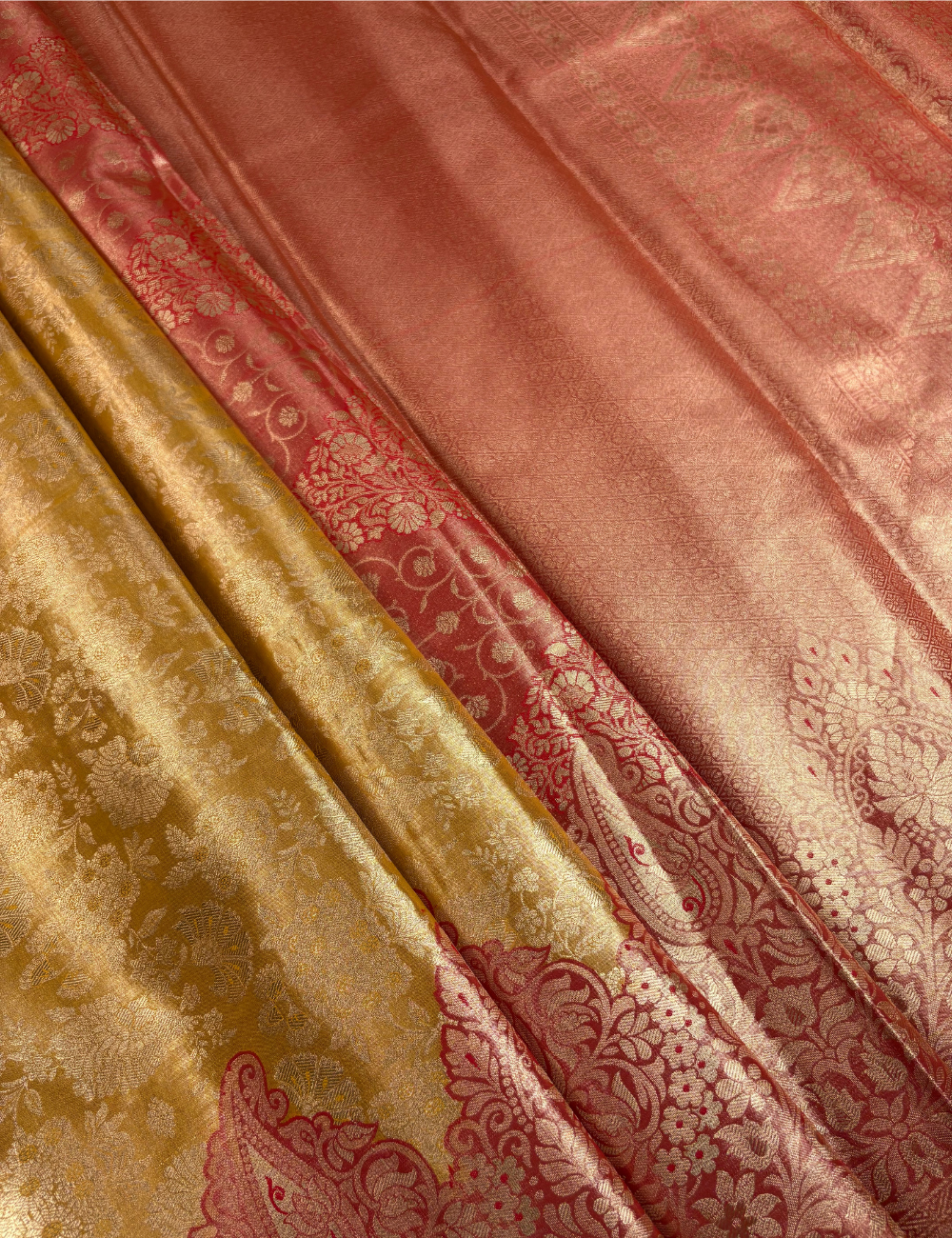 Radiant Yellow Gold & Crimson Red Tissue Kanjivaram Semi Silk Saree with Paisley Motifs