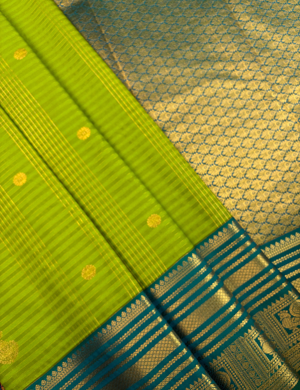 Light Green Soft Semi Silk Kanjivaram Saree with Peacock green Zari Border