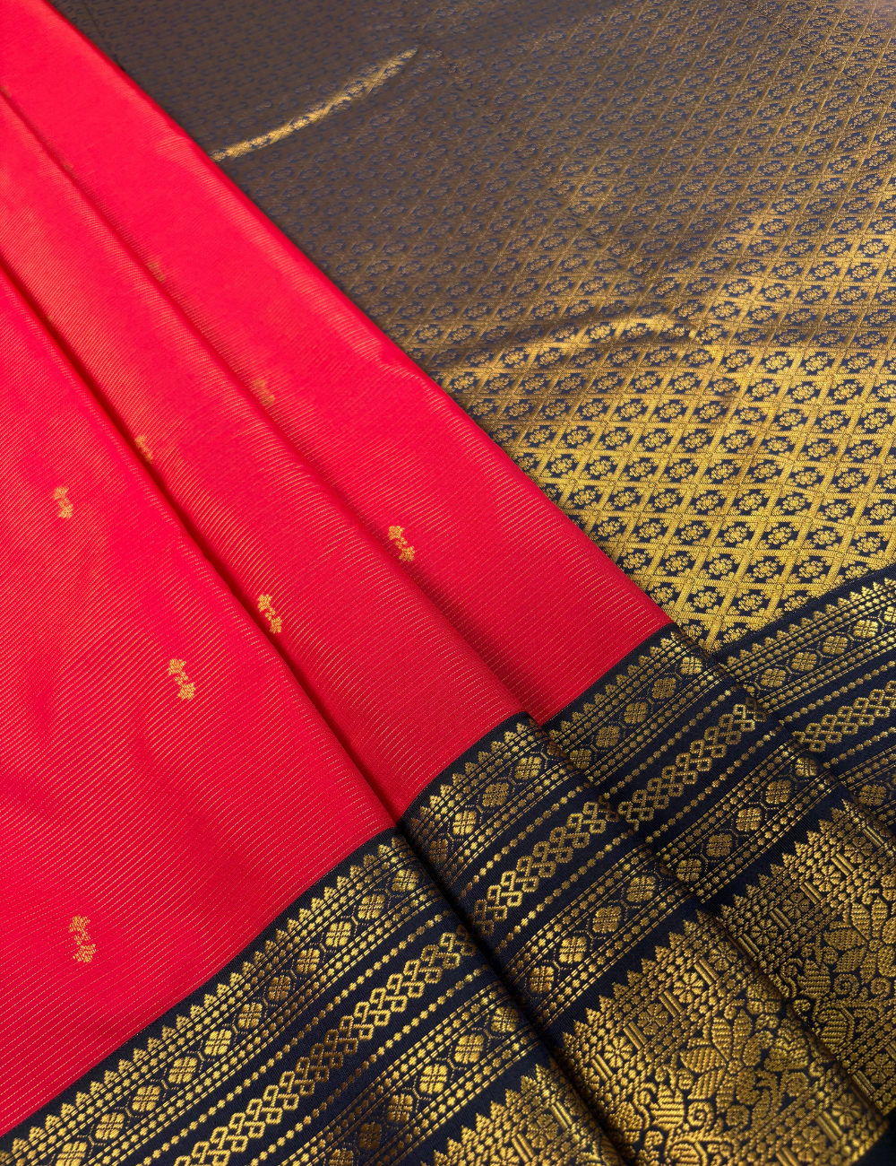 Red Kanjivaram Style Semi Silk Saree with Navy Blue Rich Golden Zari Border