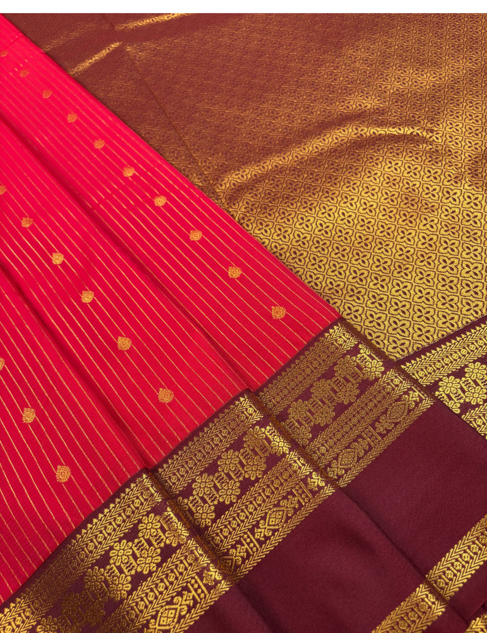 Bright Red Semi Silk Saree with Contrast Maroon Zari Border & Gold Motifs