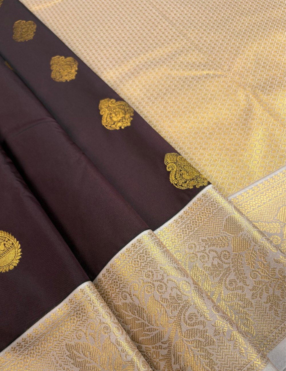 Chocolate Plum Soft Kanjivaram Semi Silk Saree with Light Grey Border