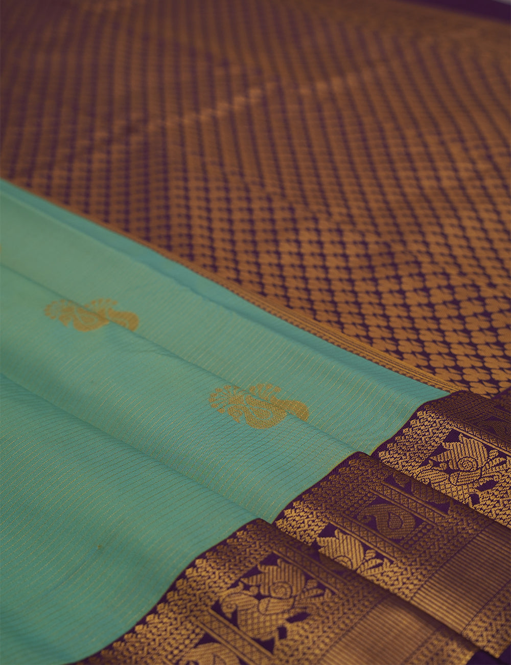 Sea Green Soft Semi Silk Kanjivaram Saree with Rich Purple Korvai Zari Border