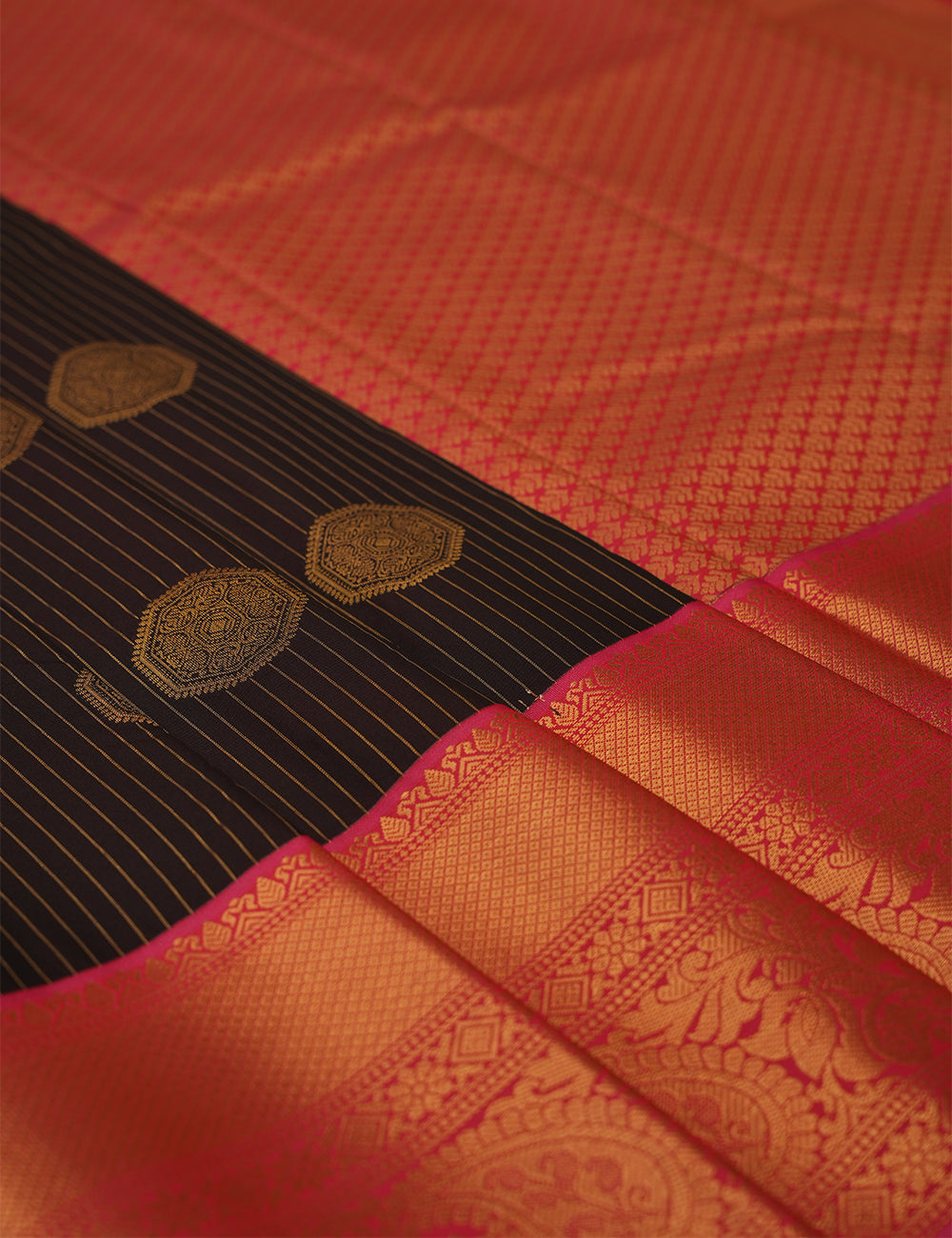 Black Soft Semi Silk Kanjivaram Saree with Body Lines and Rich Rose Zari Border
