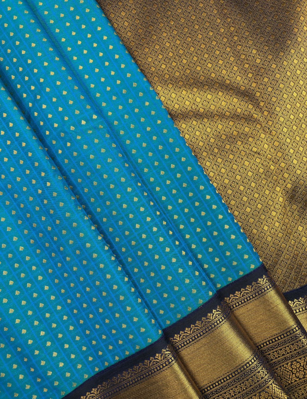 Teal Blue Soft Semi Silk Kanjivaram Saree with Dark Navy Korvai Zari Border