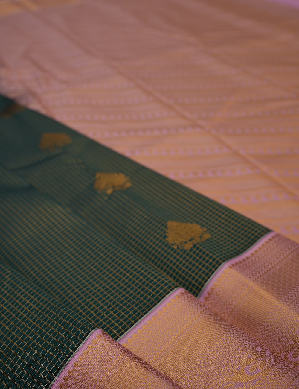 Dark Green Soft Semi Silk Kanjivaram Checked Saree with Elegant Pink Korvai Zari Border