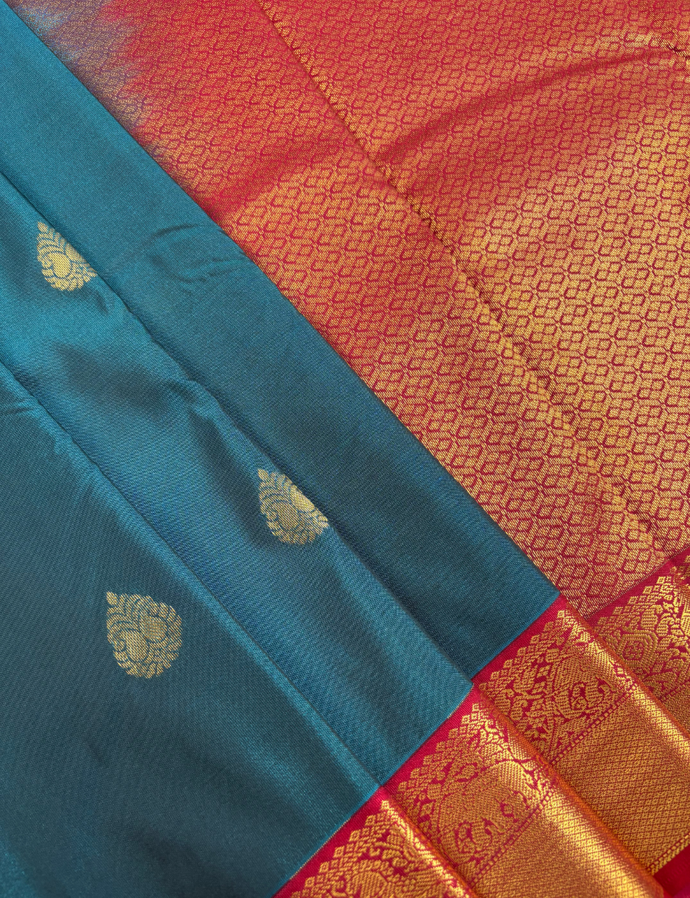 Peacock Blue Soft Semi Silk Kanjivaram Saree with Red Korvai Zari Border