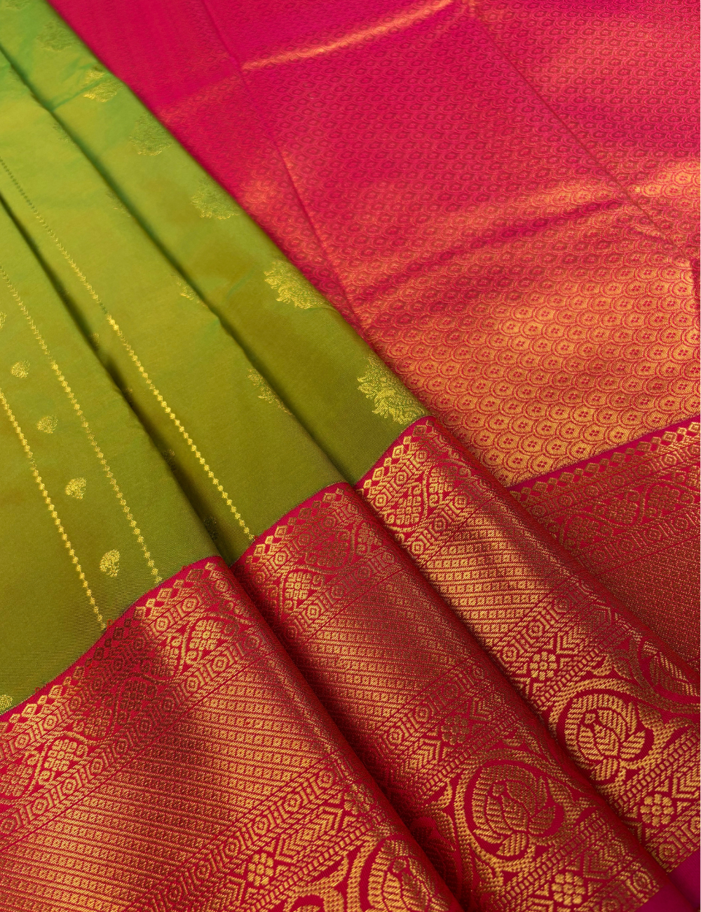 Dual Green Kanjivaram Semi Silk Saree with Grand Contrast Hot Pink Zari Border
