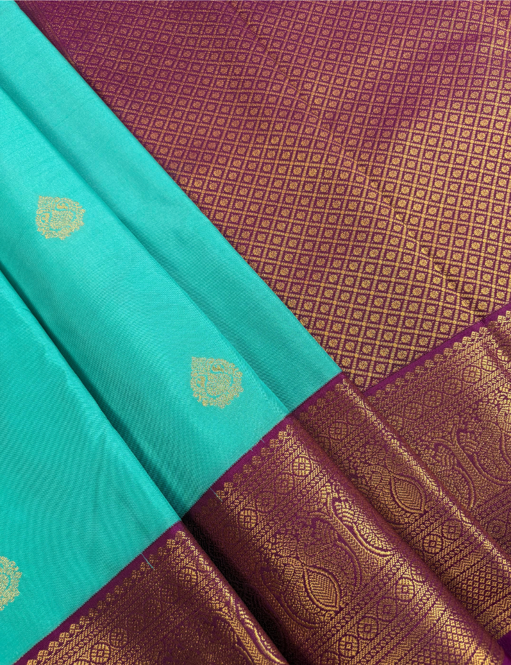 Aqua Blue Soft Semi Silk Kanjivaram Saree with Korvai Rich Magenta Zari Border