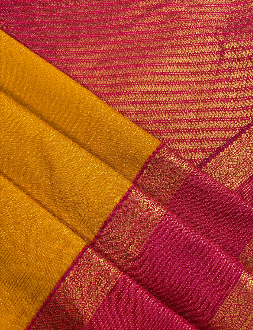 Mustard Yellow Soft Semi Silk Kanjivaram Saree with Magenta Pink Gold Zari Border