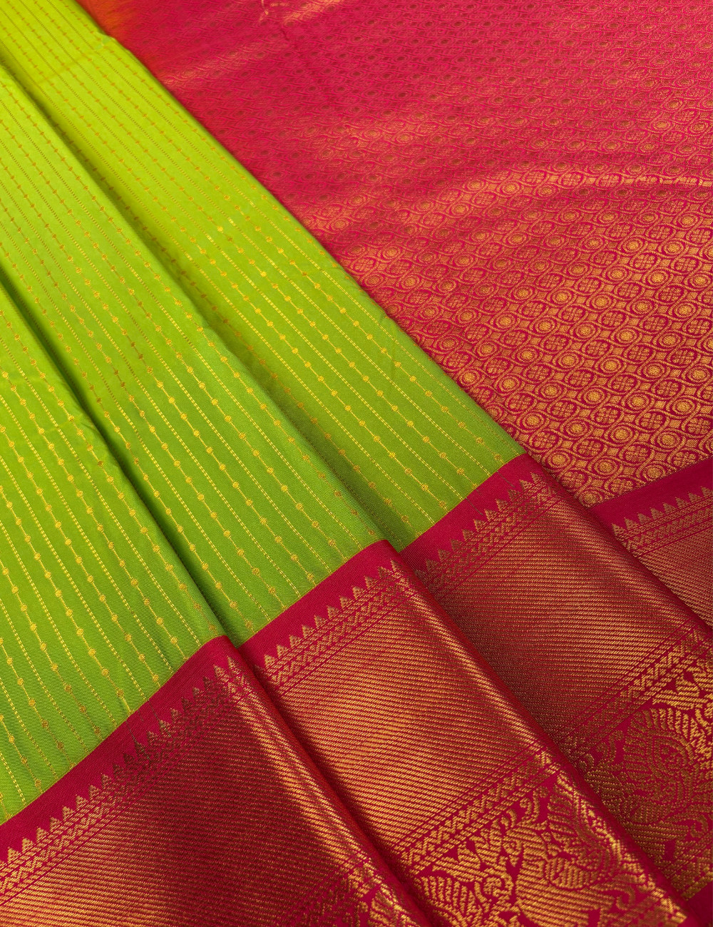 Lime Green Soft Semi Silk Kanjivaram Saree with Rani Pink Korvai Zari Border