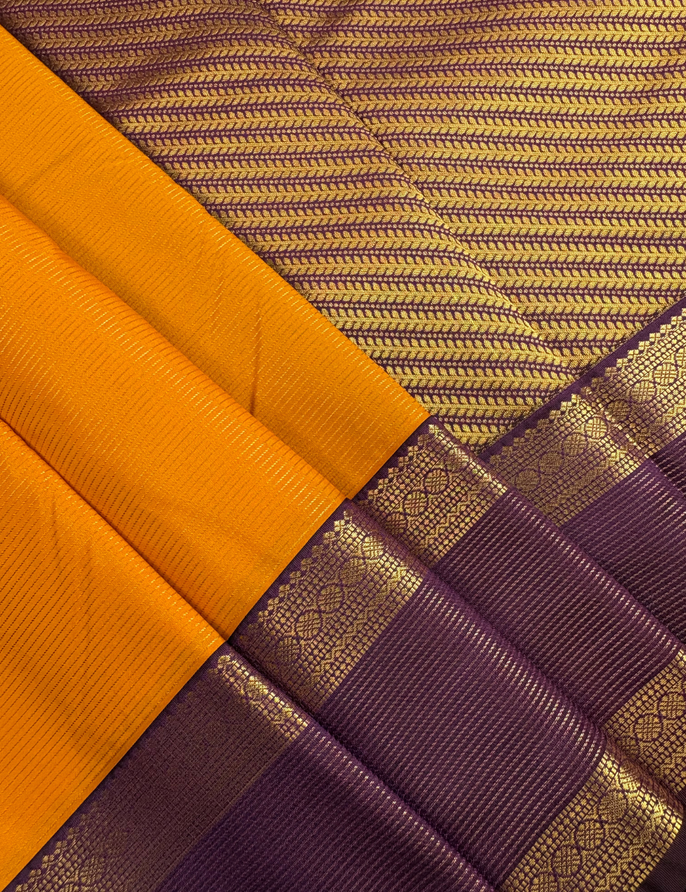 Mustard Yellow Soft Semi Silk Kanjivaram Saree with Purple Rette Pettu Zari Border