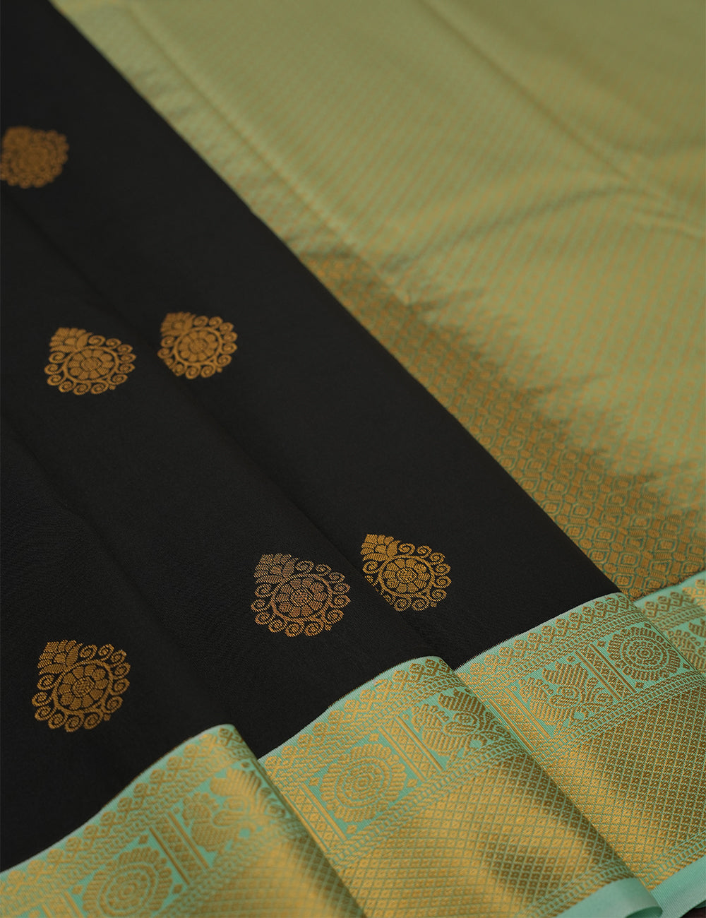 Black  Soft Semi Silk Kanjivaram Saree with Sea Blue Korvai Zari Border