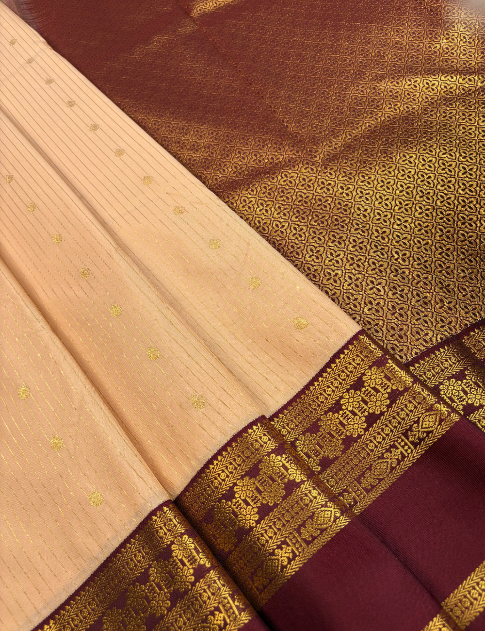 Peach Soft Semi Silk Kanjivaram Saree with Korvai Brown Border
