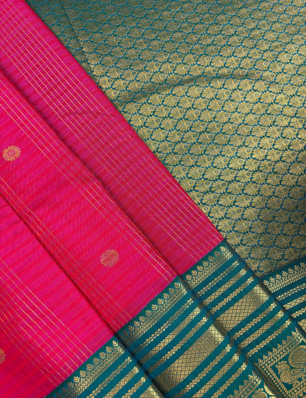 Rani Pink Soft Semi Silk Kanjivaram Saree with Korvai Emerald Green Border