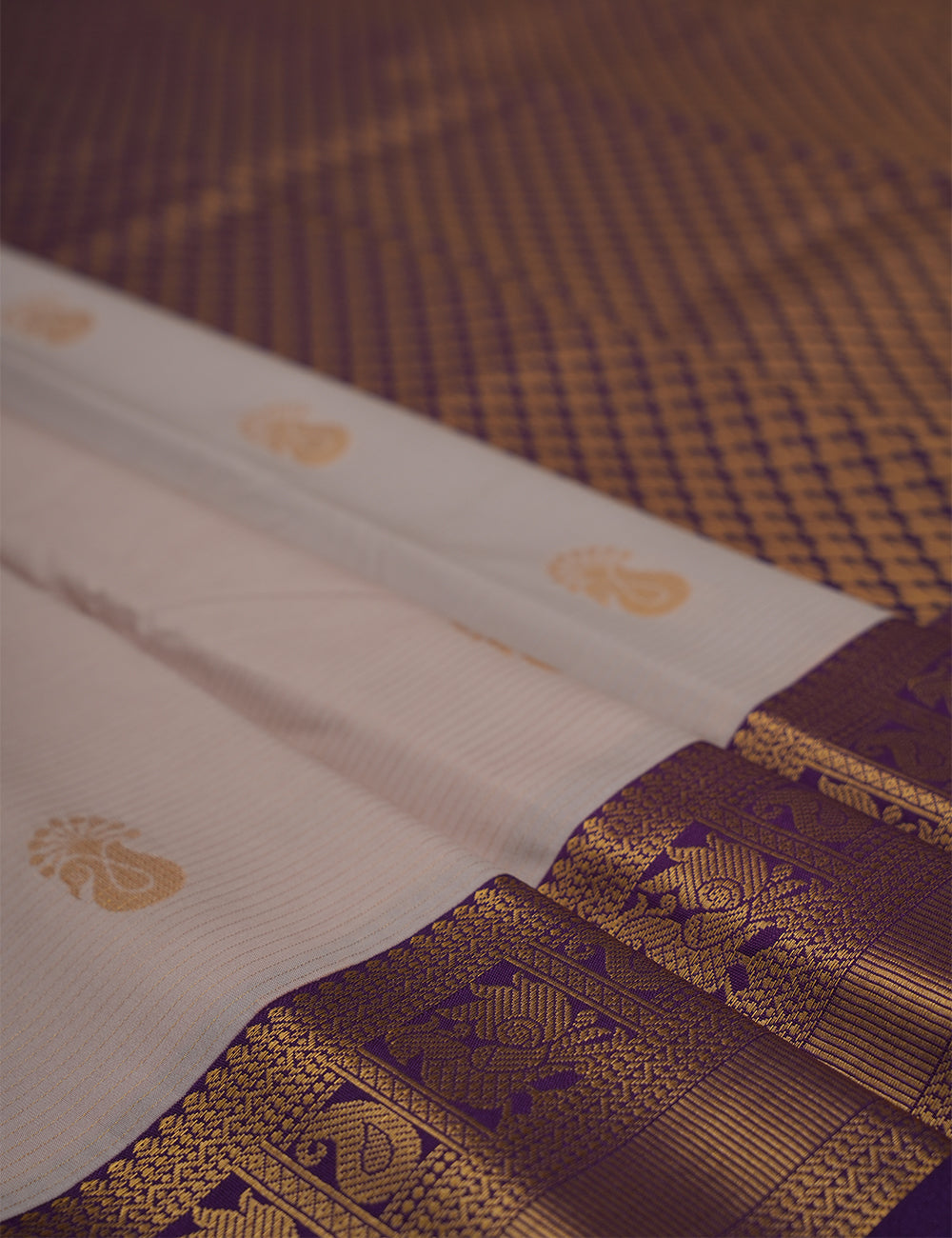 Elegant Beige Soft Semi Silk Kanjivaram Saree with Royal Purple Zari Border