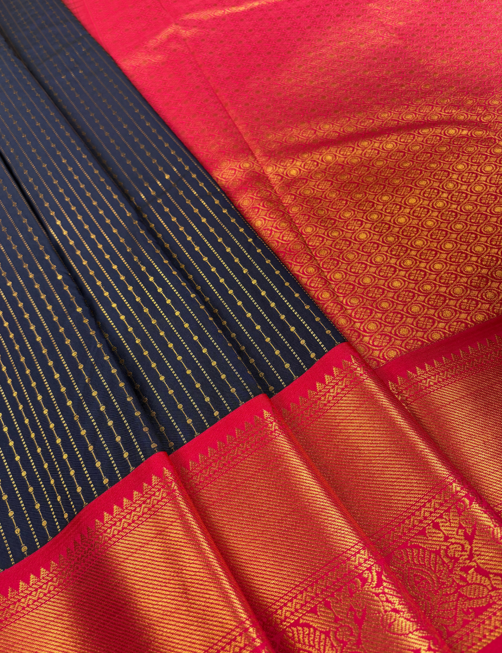 Navy Blue Soft Kanjivaram Semi Silk Saree with Pink Korvai Gold Zari Border